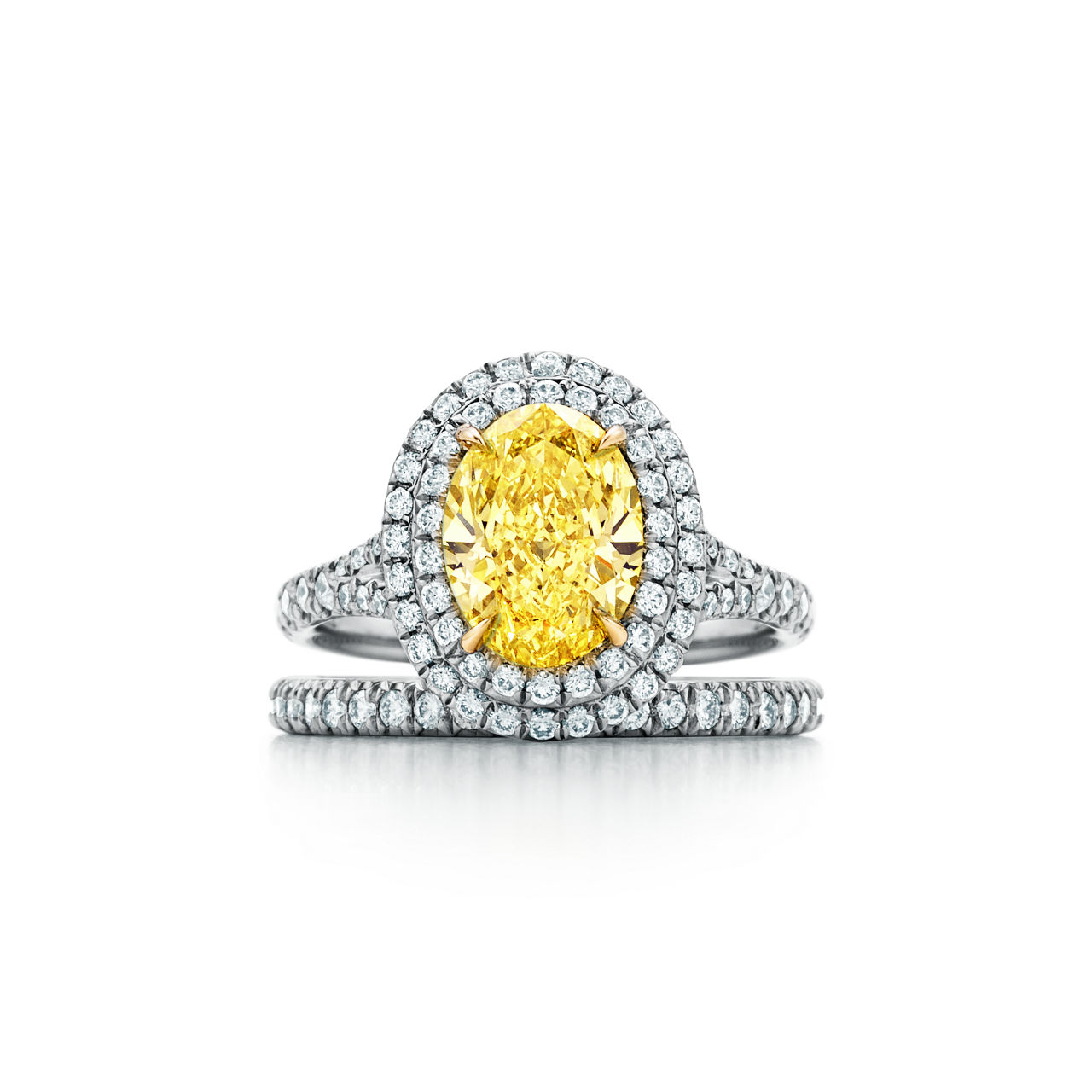 Tiffany Soleste: Oval Yellow Diamond Double Halo Engagement Ring in Platinum image number 3