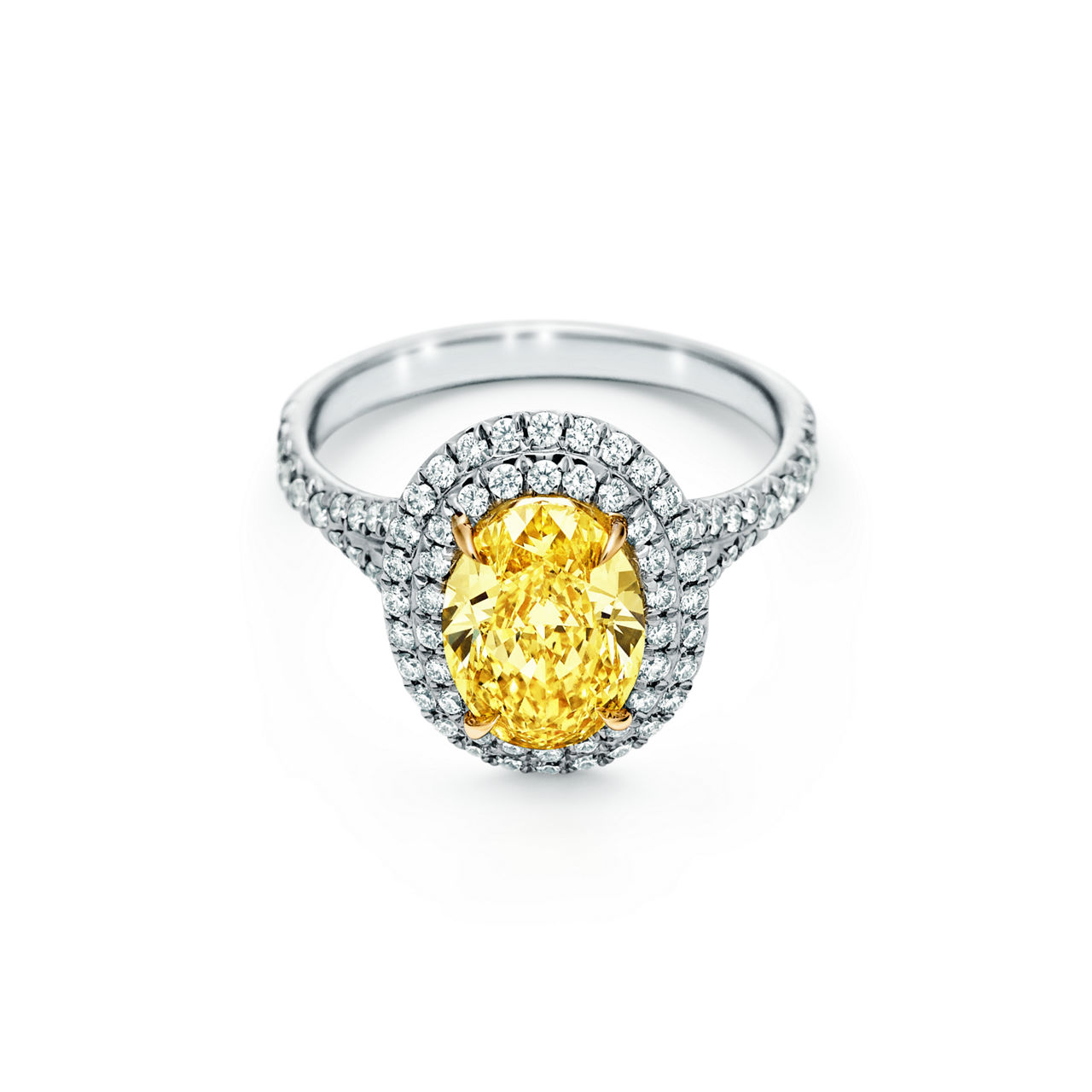 Bague de fiançailles double halo en platine 950 millièmes ornée d’un diamant jaune taille ovale