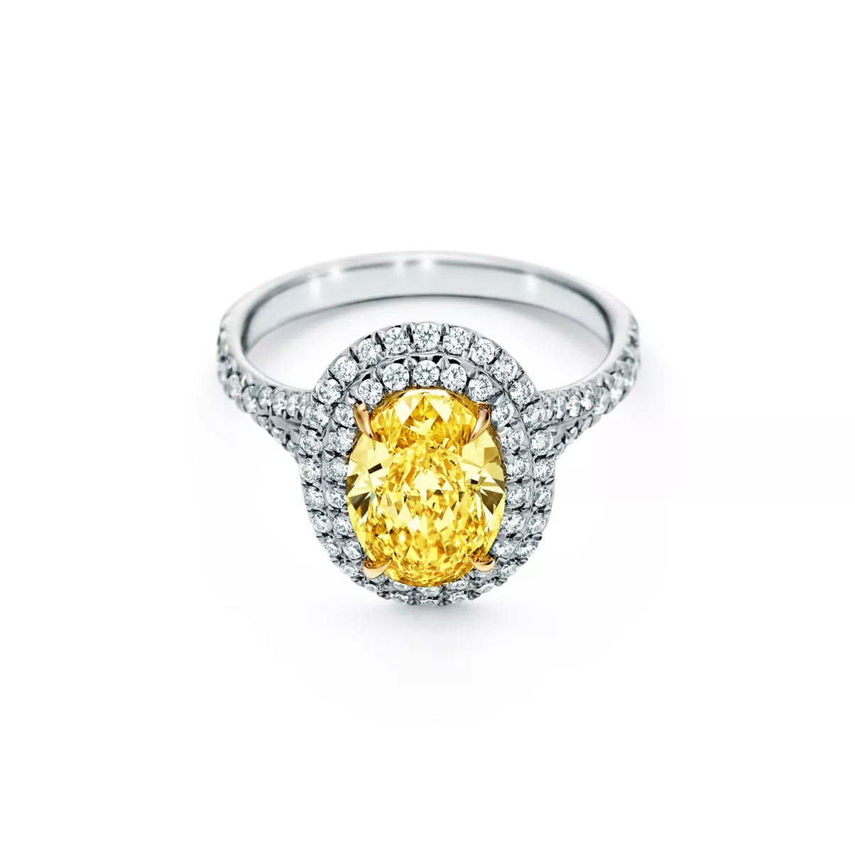 Anello di fidanzamento Double Halo in platino con Diamante Giallo Taglio Ovale
