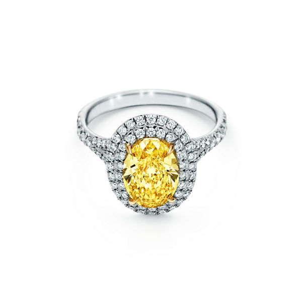 Tiffany Soleste:Bague de fiançailles double halo en platine 950 millièmes ornée d’un diamant jaune taille ovale