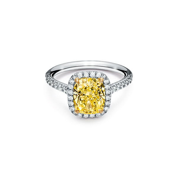 Tiffany Soleste:Bague de fiançailles double halo  taille coussin avec anneau en platine 950 millièmes et diamants