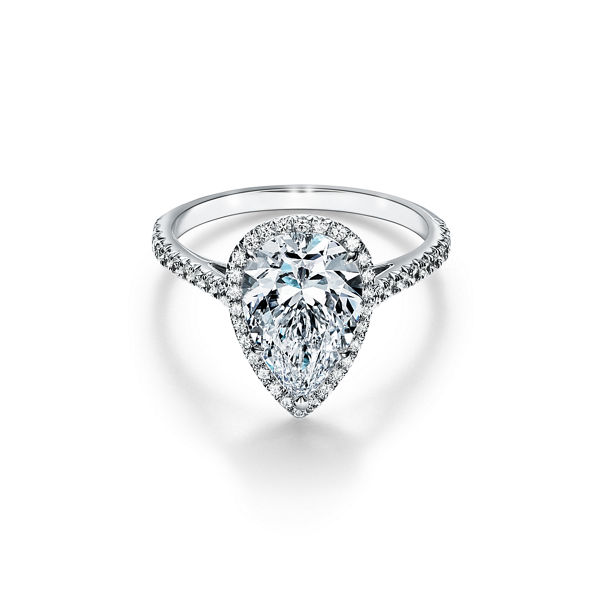 Tiffany Soleste: Pear-shaped Halo Engagement Ring with a Diamond Platinum Band