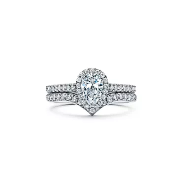 Tiffany Soleste Pear-shaped Halo Engagement Ring with a Diamond Platinum Band , 7