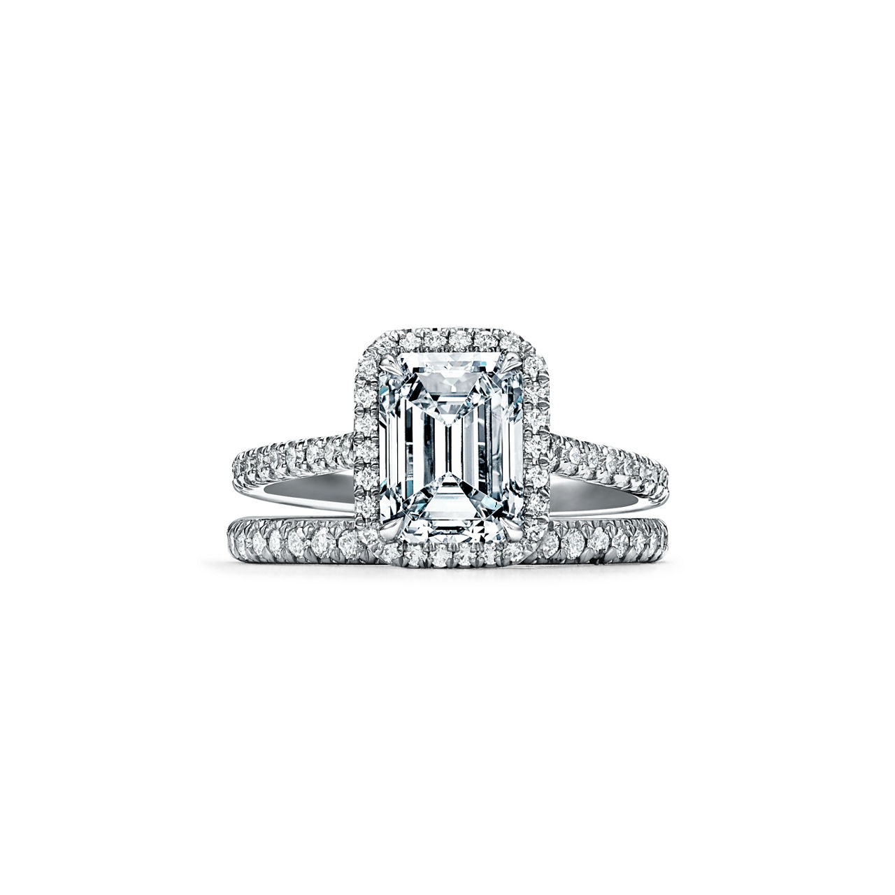 Tiffany Soleste: Emerald-cut Halo Engagement Ring with a Diamond Platinum Band image number 6