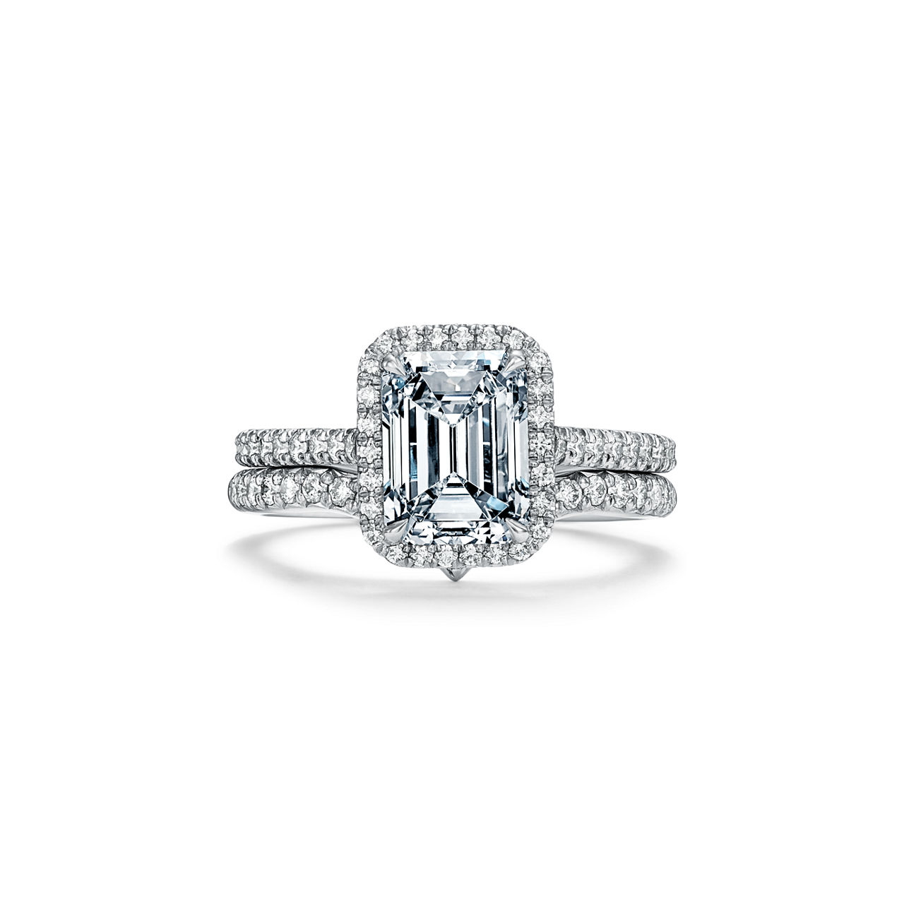 Tiffany Soleste: Emerald-cut Halo Engagement Ring with a Diamond Platinum Band image number 7