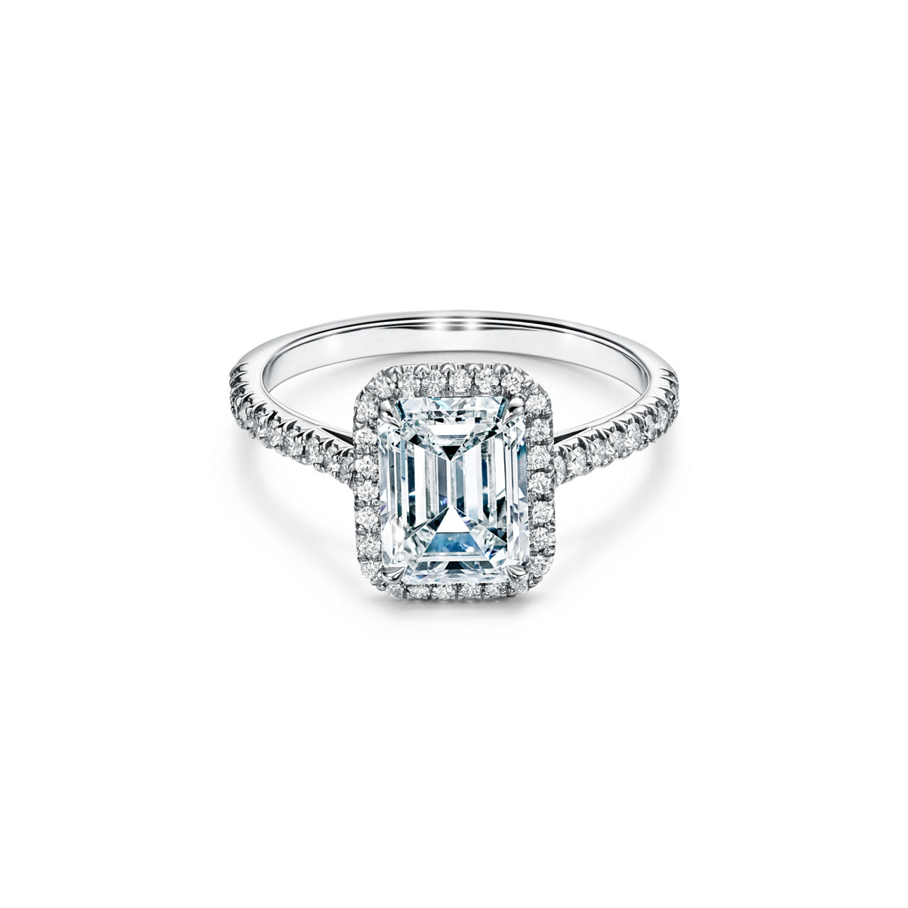 Tiffany Soleste: Emerald-cut Halo Engagement Ring with a Diamond Platinum Band image number 0