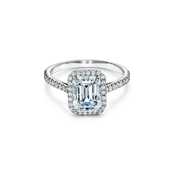 Tiffany Soleste: Emerald-cut Halo Engagement Ring with a Diamond Platinum Band