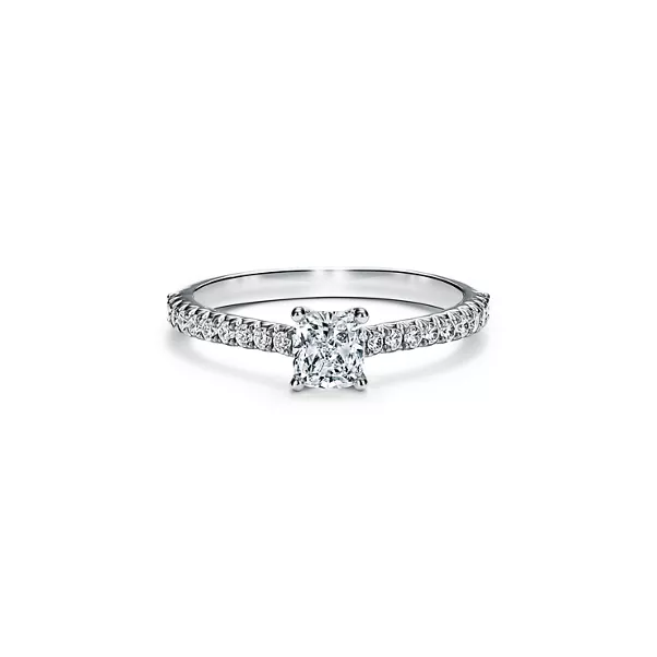 Cushion-cut Engagement Ring with a Pavé Diamond Platinum Band