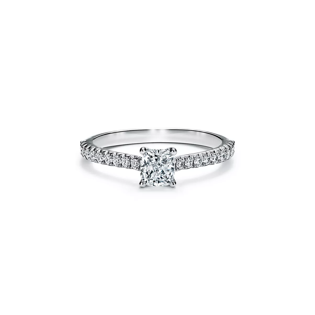 Cushion-cut Engagement Ring with a Pav&eacute; Diamond Band in Platinum