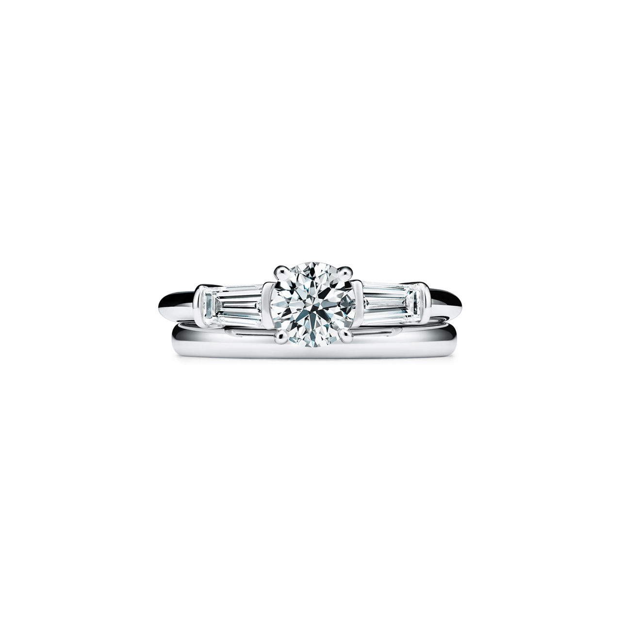 Tiffany Three Stone: Engagement Ring with Baguette Side Stones in Platinum image number 6