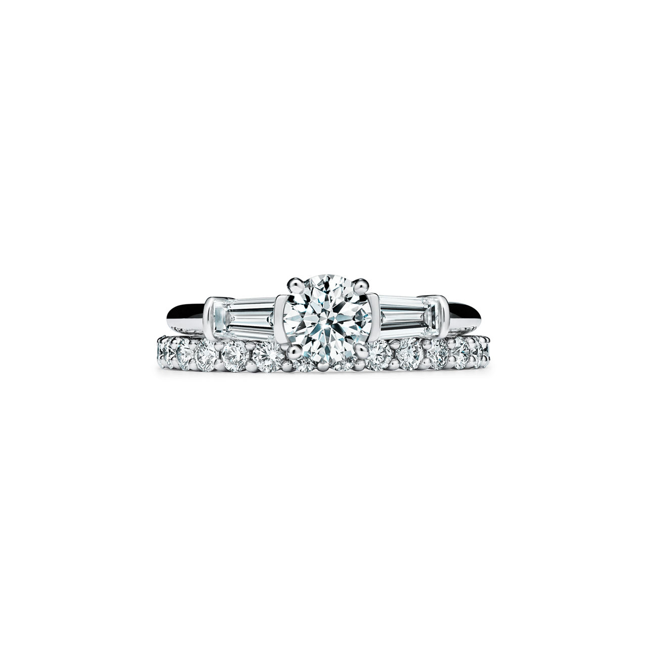 Tiffany Three Stone: Engagement Ring with Baguette Side Stones in Platinum image number 7