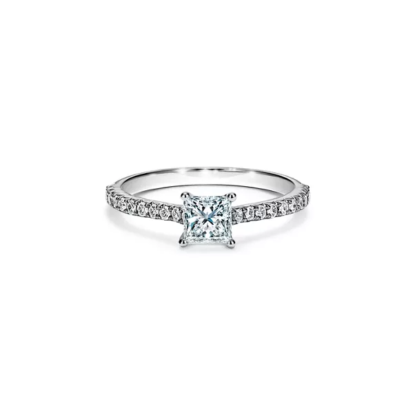 Princess-cut Engagement Ring with a Pavé-set Diamond Band in Platinum
