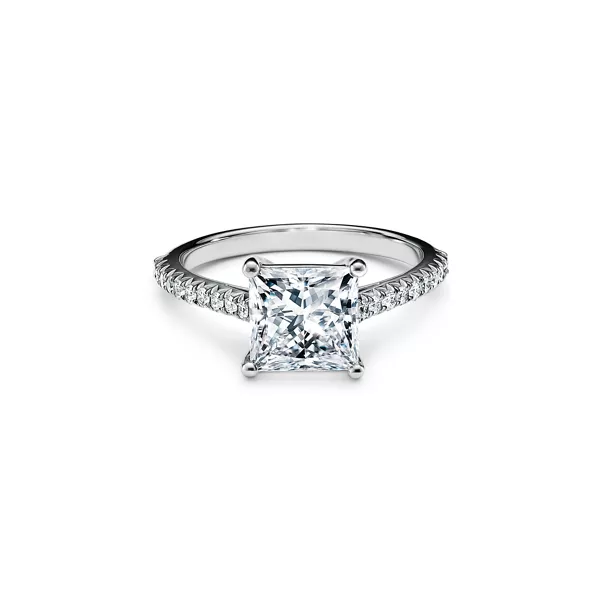 Princess-cut Engagement Ring with a Pavé-set Diamond Band in Platinum