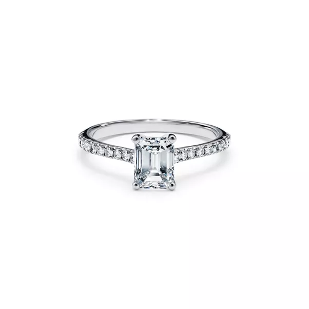 Emerald-cut Engagement Ring with a Pavé Diamond Platinum Band