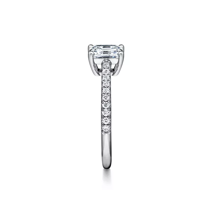 Tiffany Forever:Emerald-cut Engagement Ring with a Pav&eacute; Diamond Band in Platinum, 4