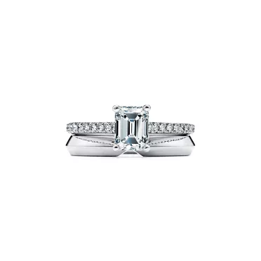 Tiffany Forever:Emerald-cut Engagement Ring with a Pav&eacute; Diamond Band in Platinum, 6