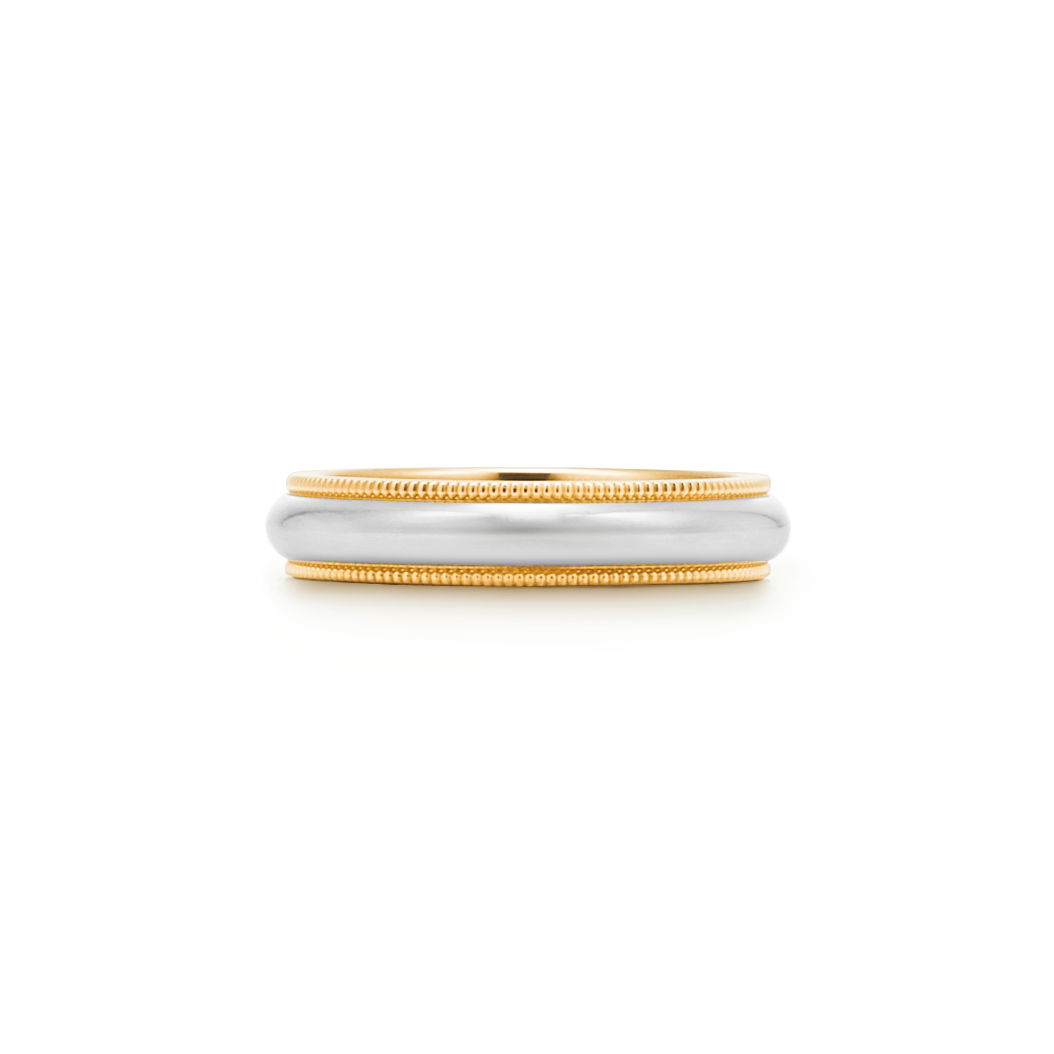 밀그레인 밴드 링, 플래티늄 및 옐로우 골드, 두께 4mm
