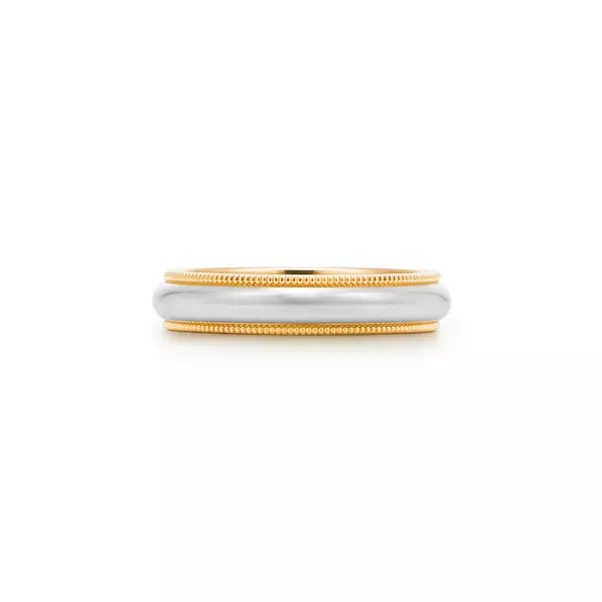 Milgrain Band Ring in Platinum and Yellow Gold, 4 mm Wide