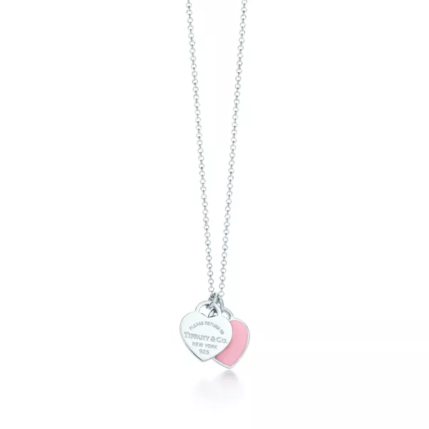 Pink Double Heart Tag Pendant in Silver, Mini