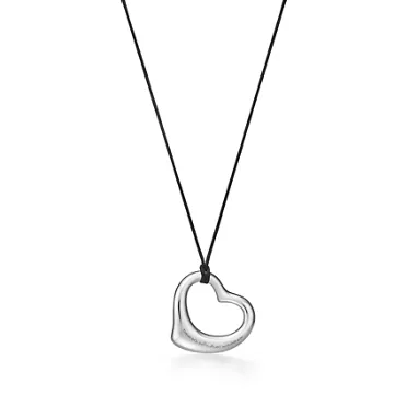 Elsa Peretti®:Open Heart Pendant in Platinum with Pavé Diamonds and Black Silk, 2