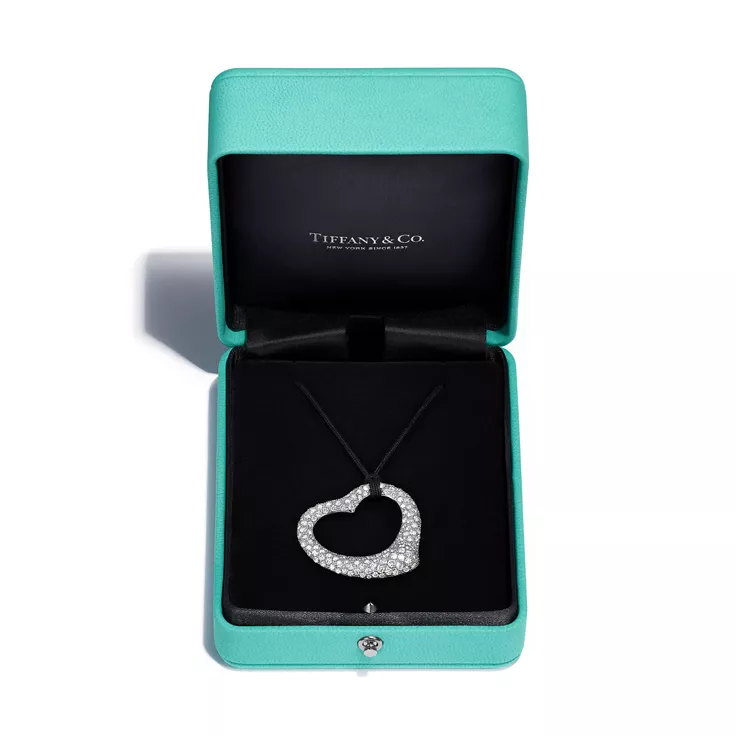 Elsa Peretti®:Open Heart Pendant in Platinum with Pavé Diamonds and Black Silk, 4