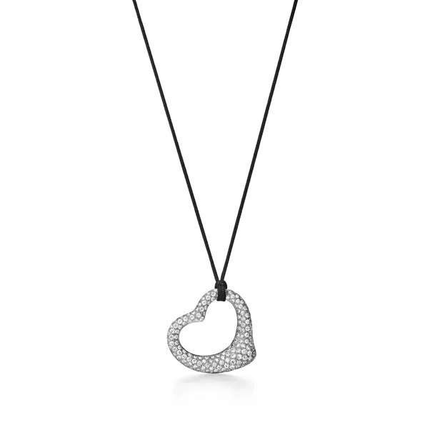 Open Heart Pendant in Platinum with Pavé Diamonds and Black Silk