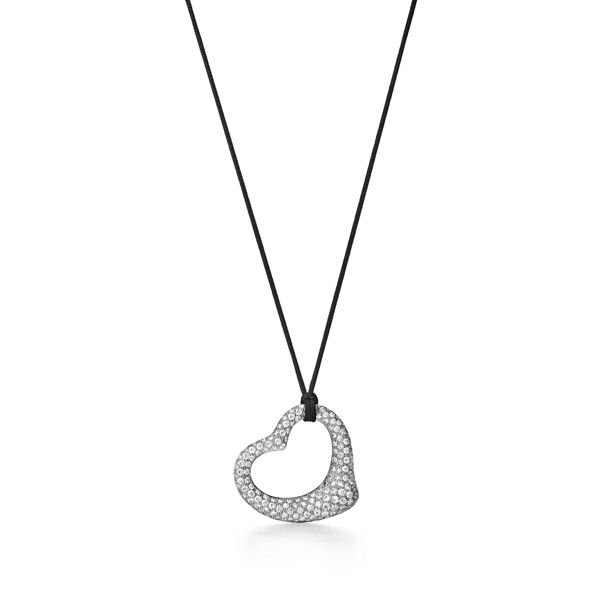 Elsa Peretti®:Open Heart Pendant in Platinum with Pavé Diamonds and Black Silk