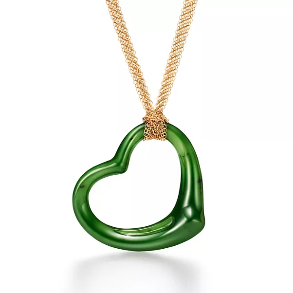 Open Heart Pendant in Yellow Gold with Green Nephrite Jade