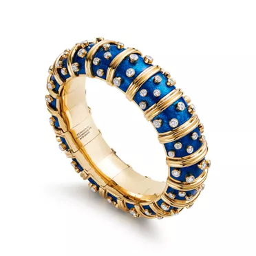 Collections en émail:Bracelet large en or, émail bleu ciel et diamants, 2