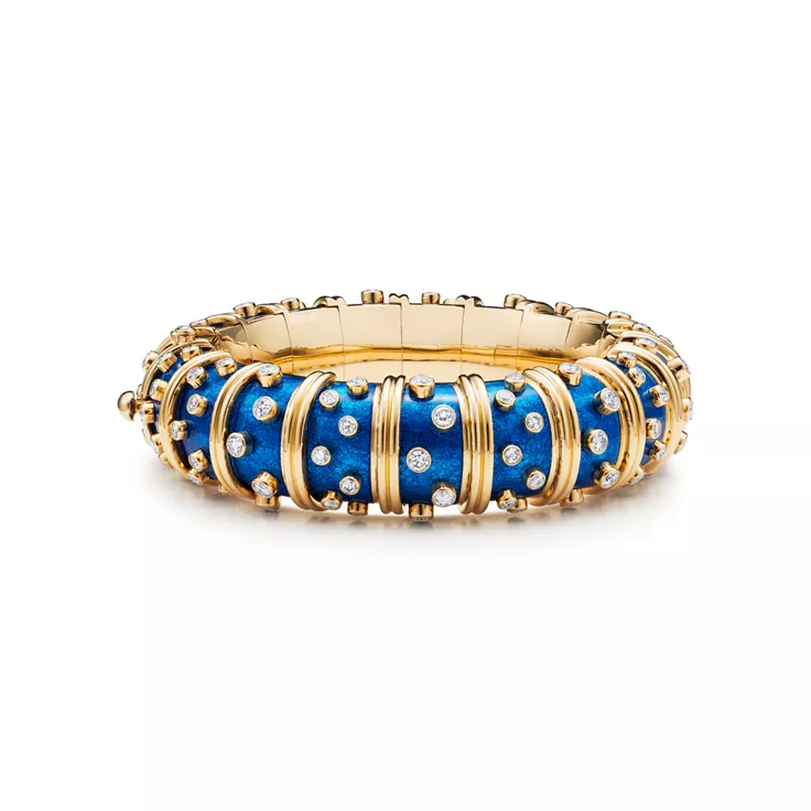 Collections en émail:Bracelet large en or, émail bleu ciel et diamants, 4