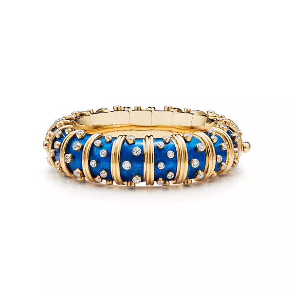 Breites Armband in Gold mit hellblauer Emaille, Diamanten