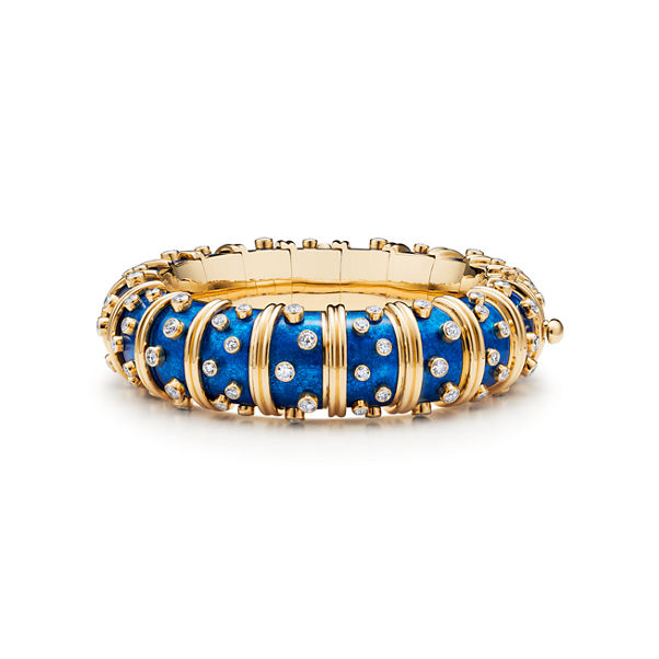 Jean Schlumberger by Tiffany:Diamond Dots Light Blue Enamel Bracelet in Yellow Gold