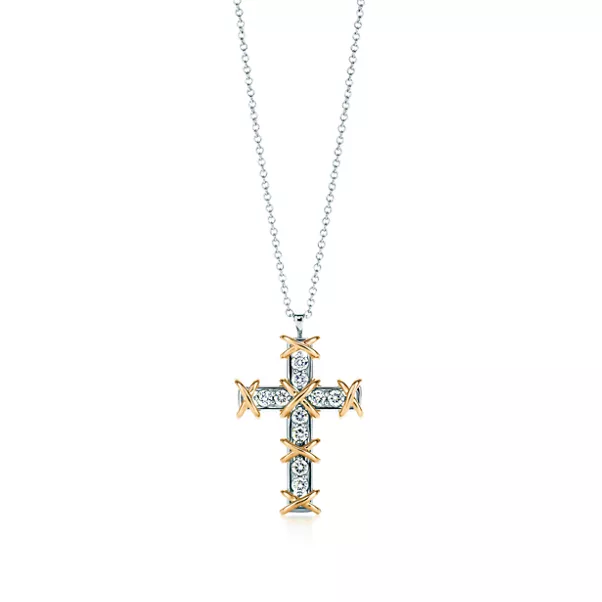 Kreuzanhänger in Platin und Gelbgold mit Diamanten