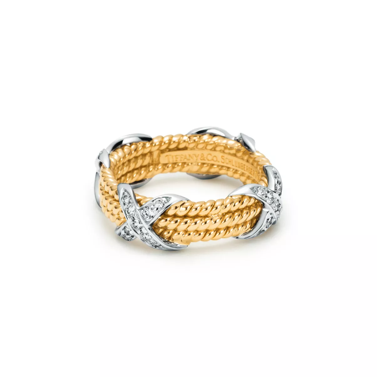 Dreireihiger Kreuzring in Gelbgold und Platin mit Diamanten