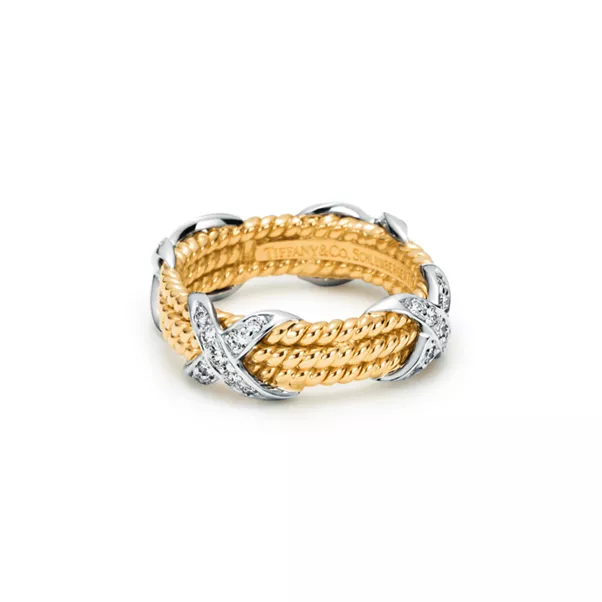 Three-row X Ring in Yellow Gold and Platinum with Diamonds