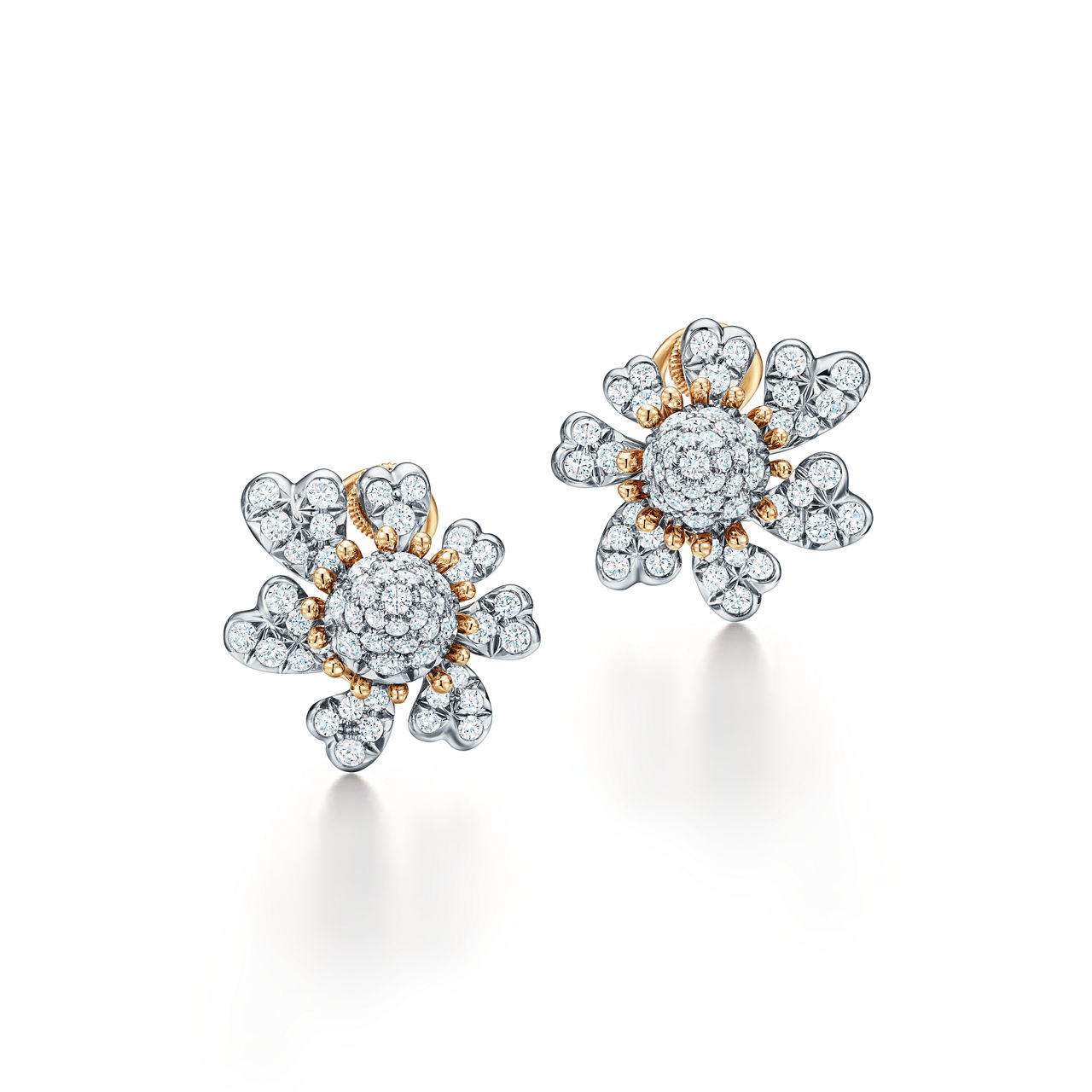 Cones with Petals Ear Clips in Platinum and Yellow Gold with Diamonds