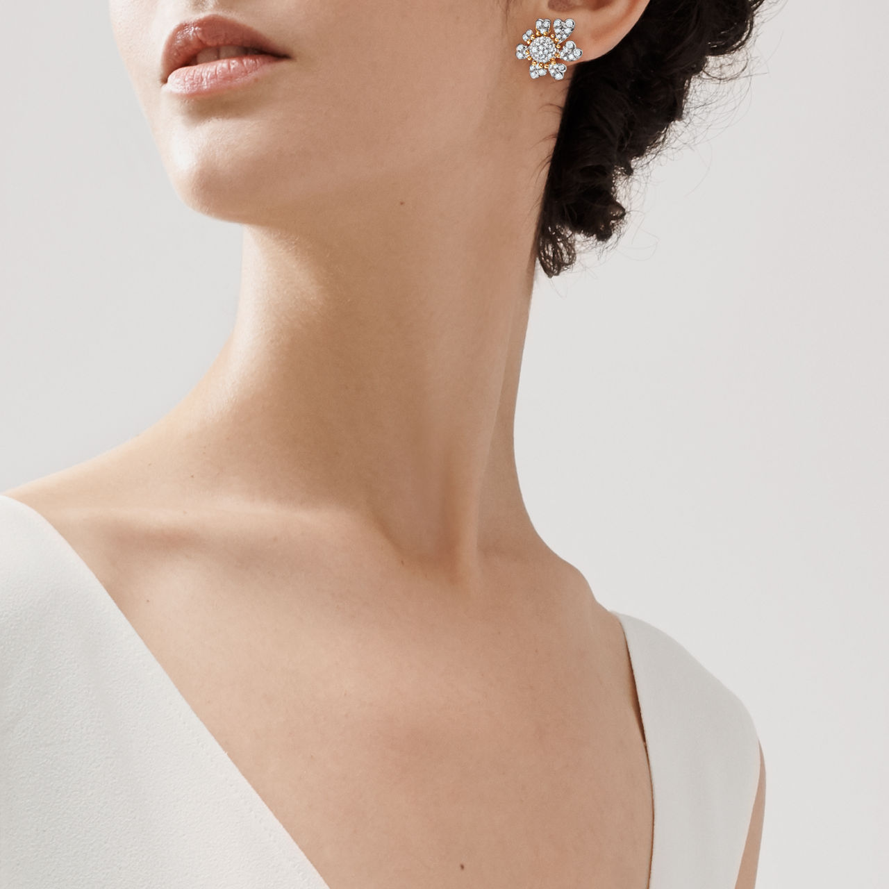 Cones with Petals Ear Clips in Platinum and Yellow Gold with Diamonds