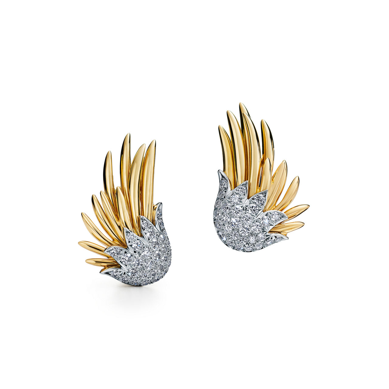 Flame Ear Clips in Yellow Gold and Platinum with Diamonds