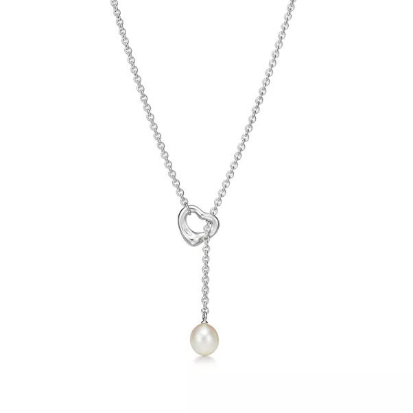 Open Heart Lariat Necklace in Silver with Pearls, 7.5-8 mm