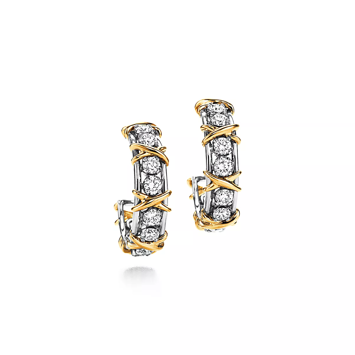 Schlumberger 16 Stone Earrings 플래티늄 및 18K 옐로우 골드 라운드 브릴리언트 다이아몬드 One Scale
