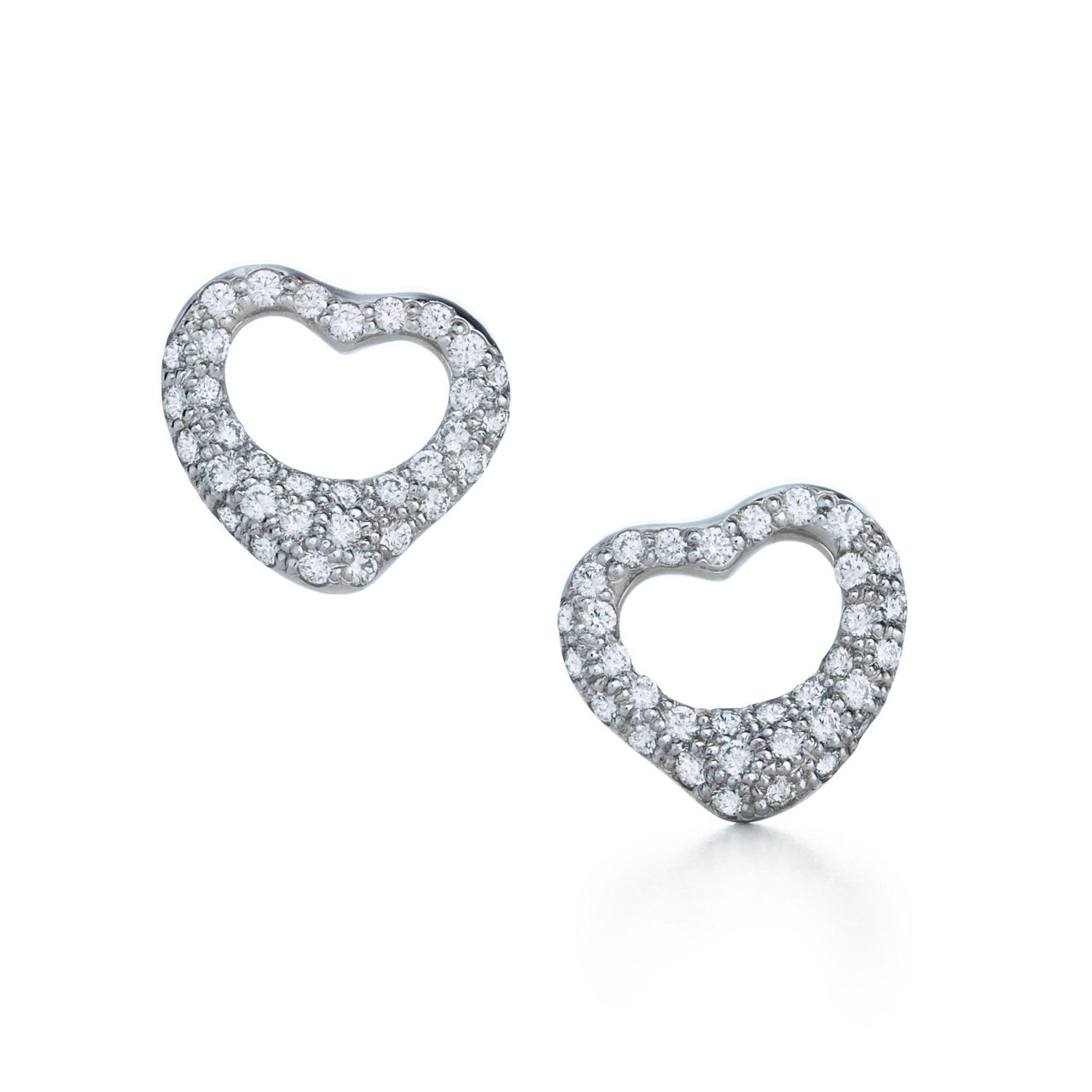 Open Heart Stud Earrings in Platinum with Pavé Diamonds, 11 mm