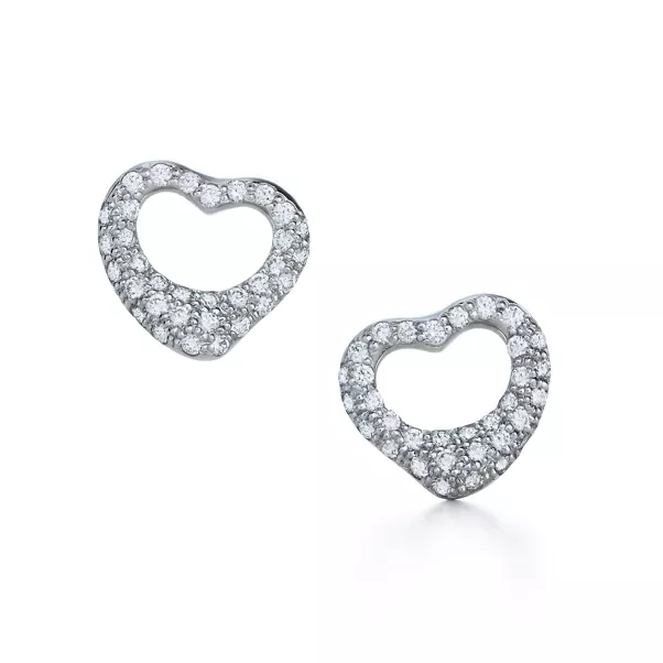 Open Heart Stud Earrings in Platinum with Pavé Diamonds, 11 mm