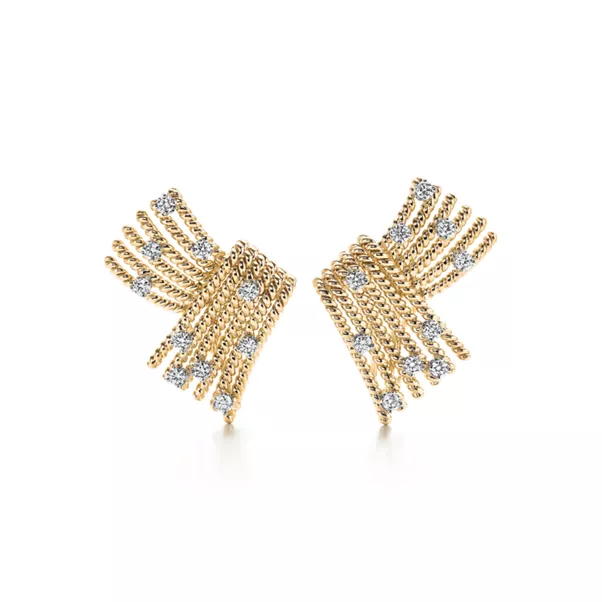 V Ear Clips in Yellow Gold and Platinum with Diamonds