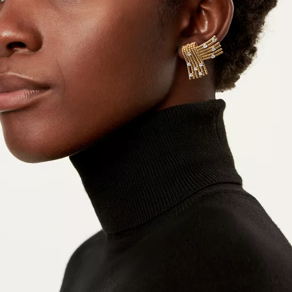 V Ear Clips in Yellow Gold and Platinum with Diamonds