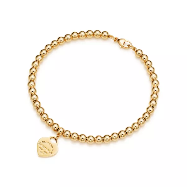 Heart Tag Bead Bracelet in Yellow Gold