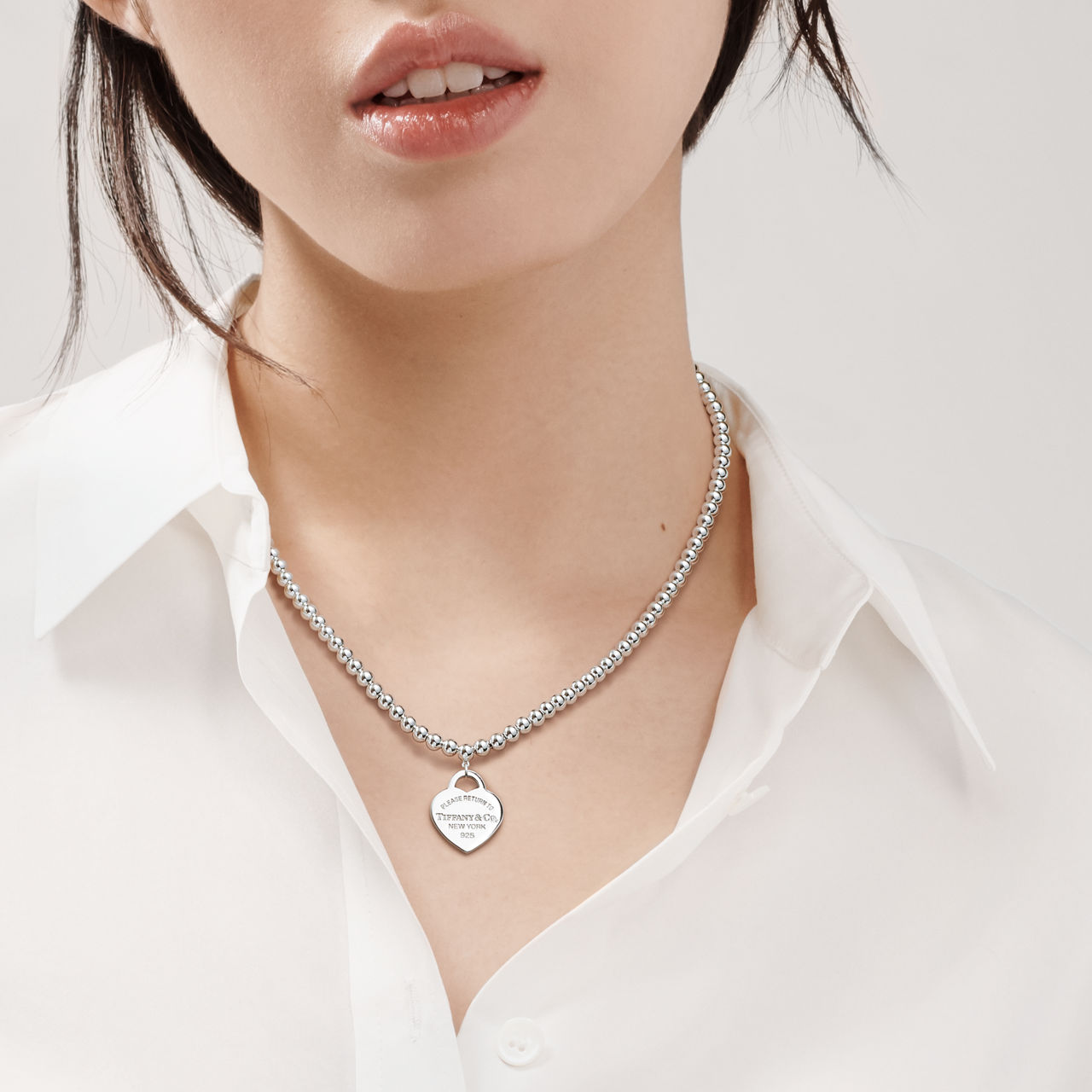 Heart Tag Bead Necklace in Silver