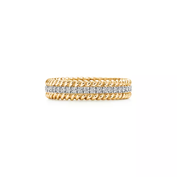 Bague X à deux rangs en or jaune, platine et diamants