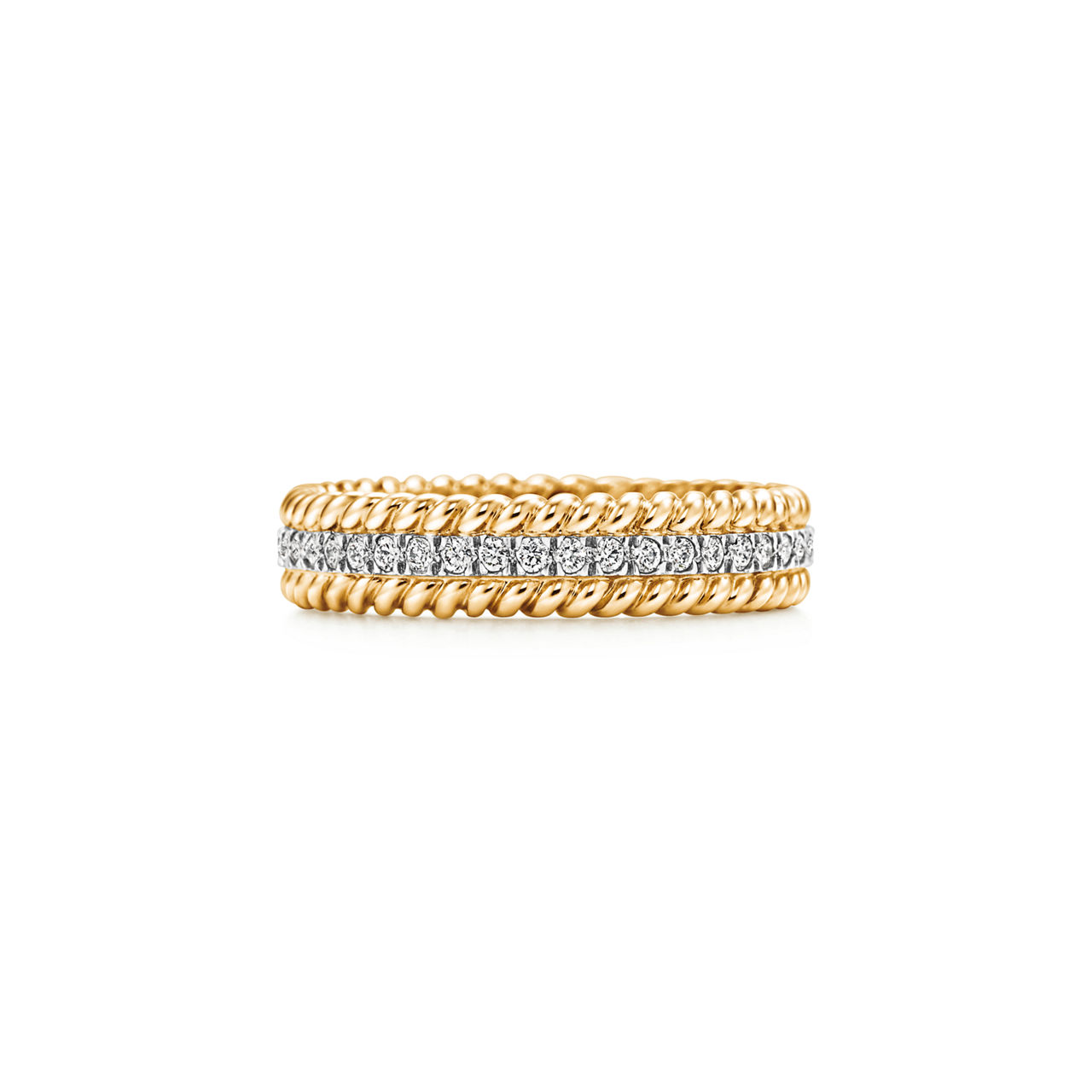 Bague X &agrave; deux rangs en or jaune, platine et diamants