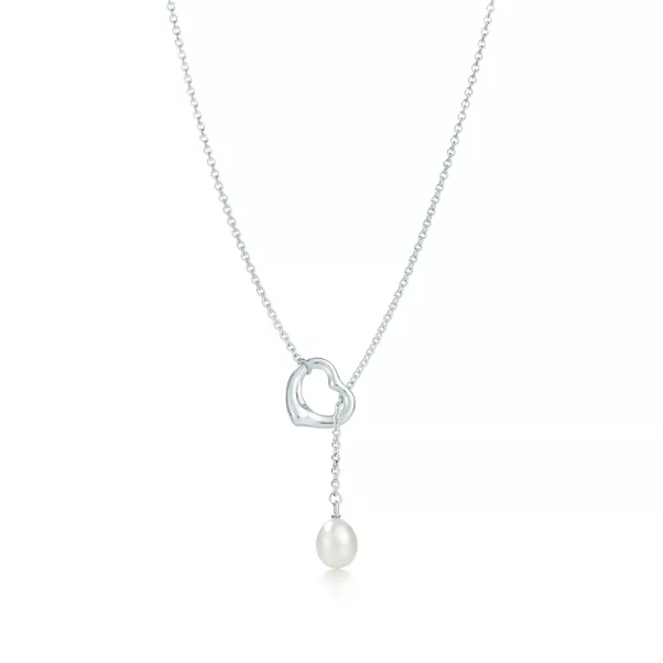 Open Heart Lariat Necklace in Silver with Pearls, 9-9.5 mm