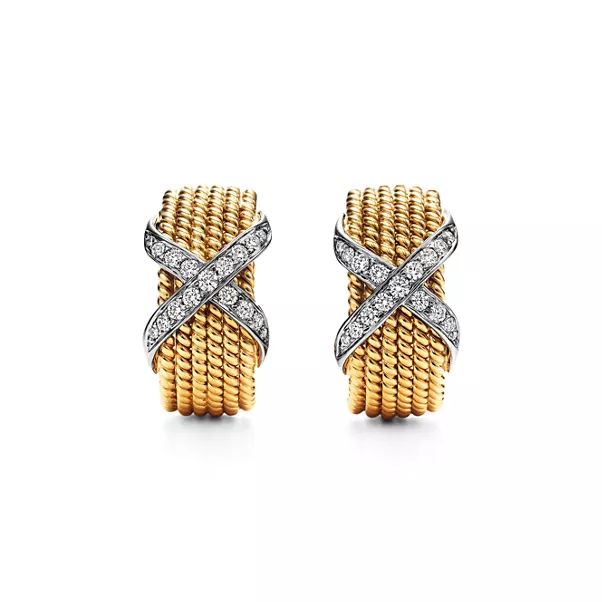 Sechsreihige Ohrclips in Gelbgold und Platin mit Diamanten